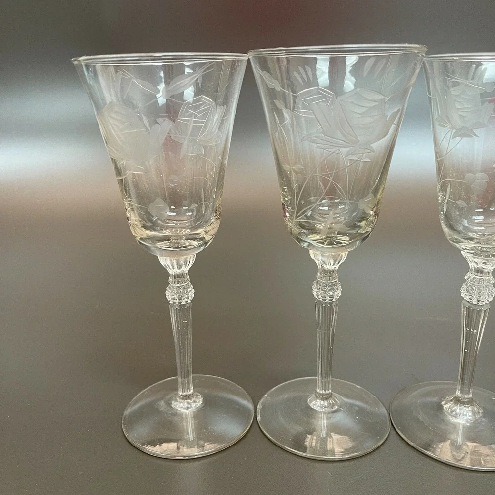 Vintage Etched Glass Glasses Floral Roses Stemmed 6 1/2